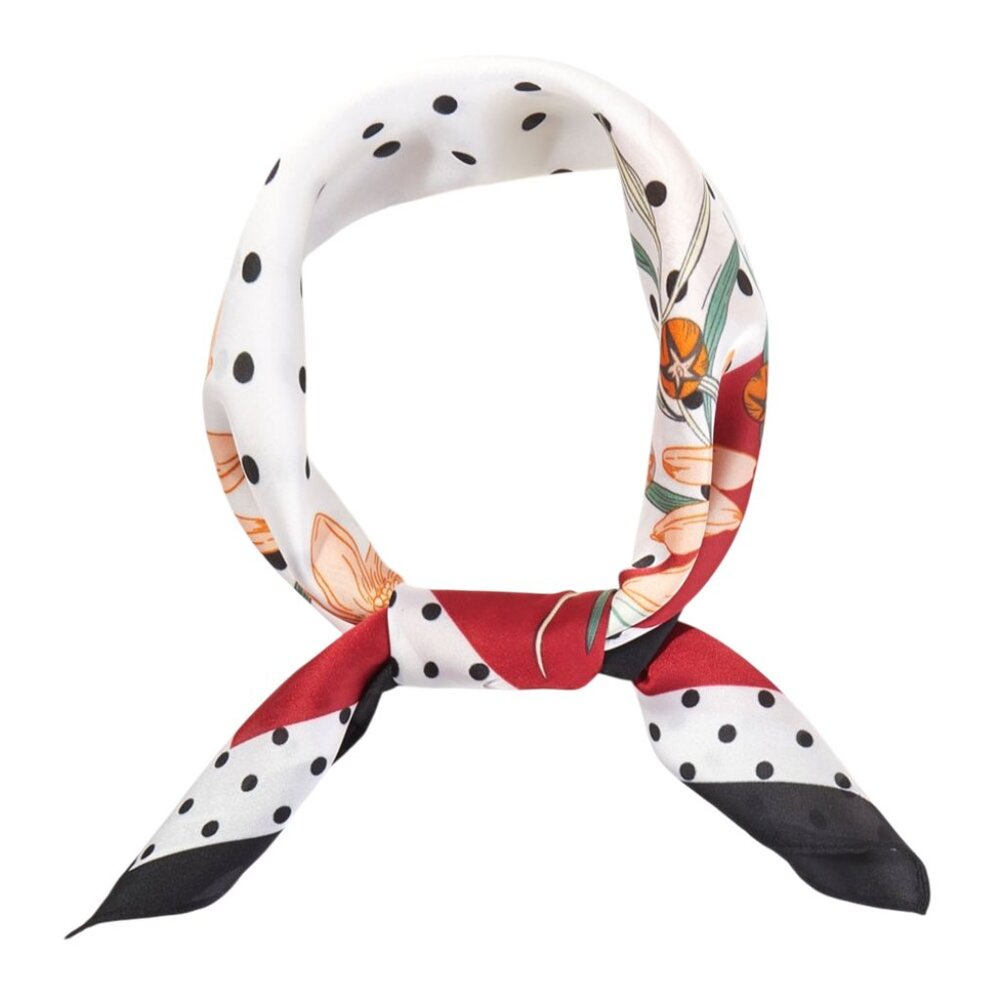 NWT Red Polka Dotted Daisy Print Square Bandana Scarf Floral Bag Charm - Picture 2 of 3